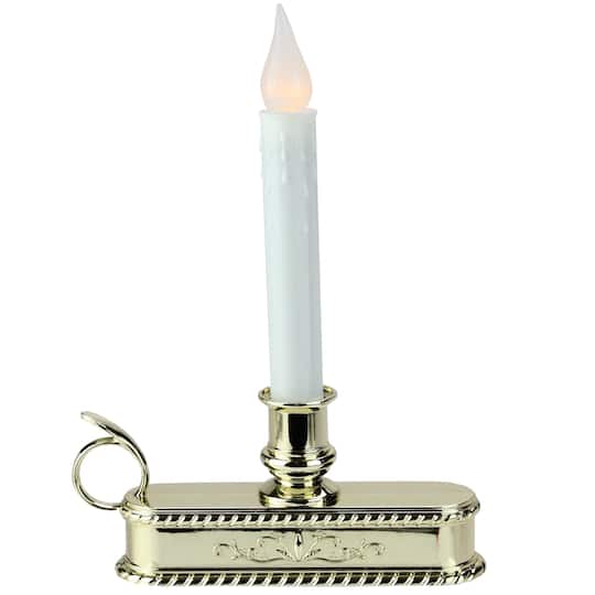 8.75&#x22; Pre-Lit White &#x26; Gold LED C5 Flickering Christmas Candle Lamp With Handle Base